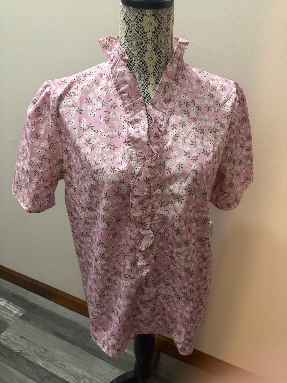 Pink Floral Ruffle Front Blouse